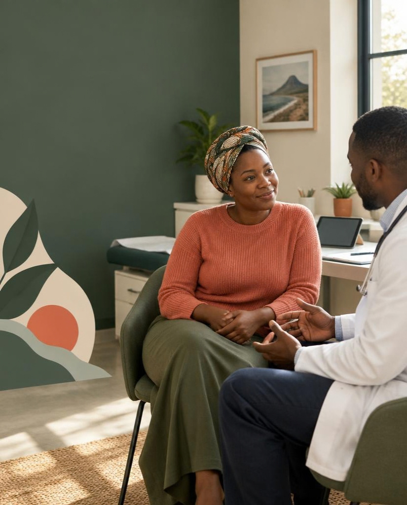 Illustration of a clinician listening to a patient during a consultation